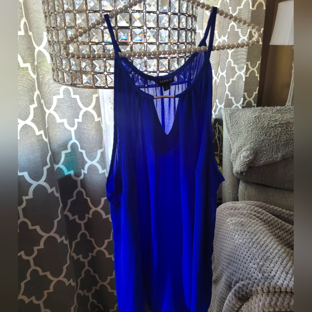 Torrid silky-smooth blue top with gold embellishment